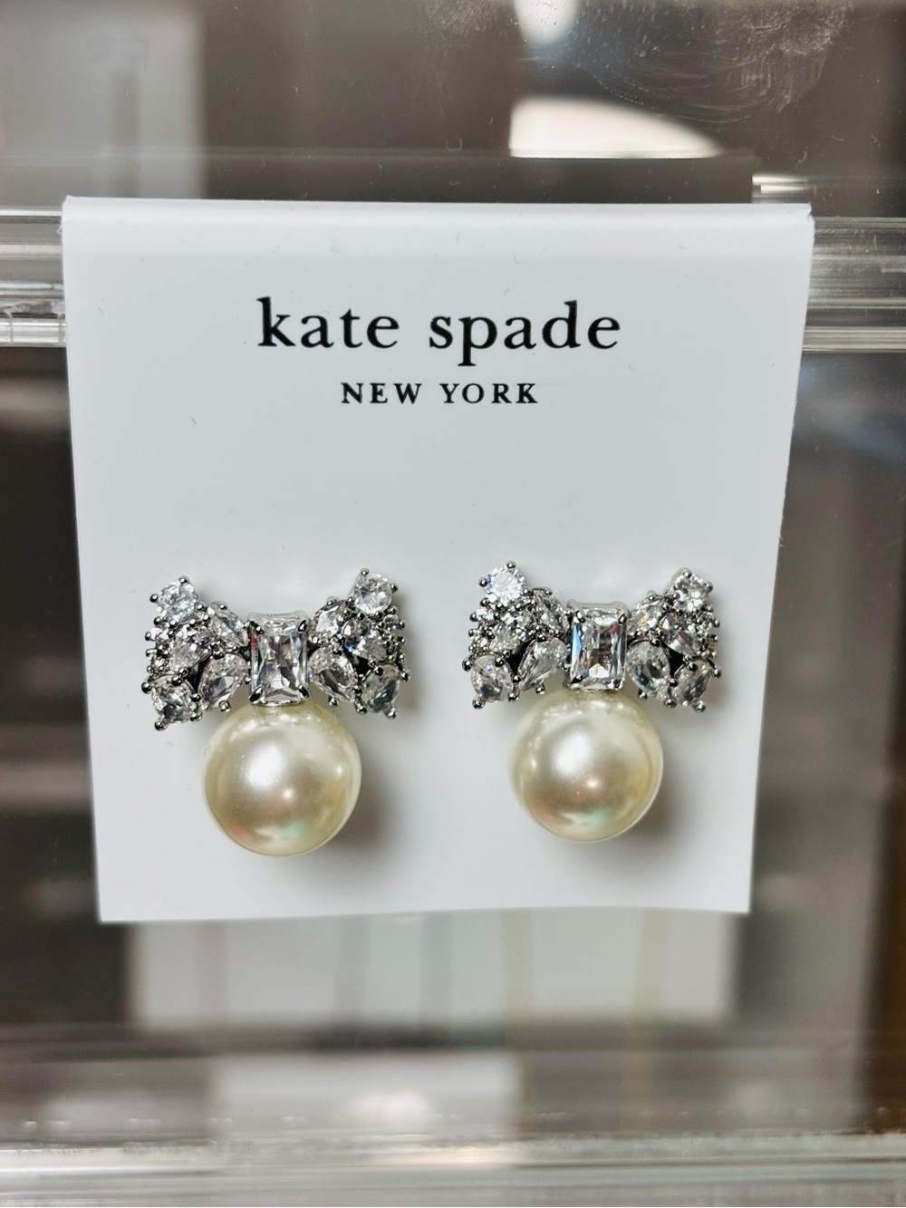 kate spade Silver Crystal Bow Pearl Drop Earrings. New on card.